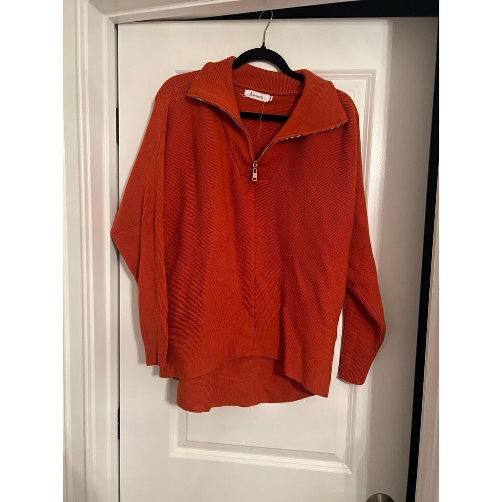 Anrabess Womens oversized knit Quarter-zip sweater drop sleeve Rust orange S